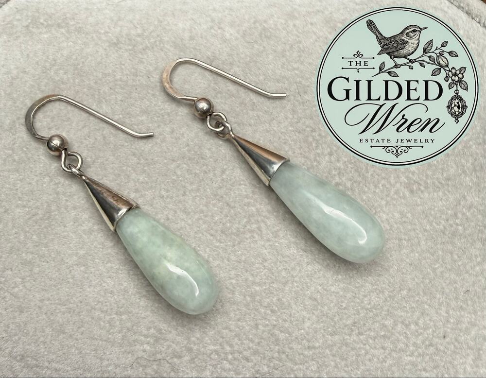 Sterling Silver Jade Teardrop Dangle Earrings 1.5" Drop Estate Jewelry